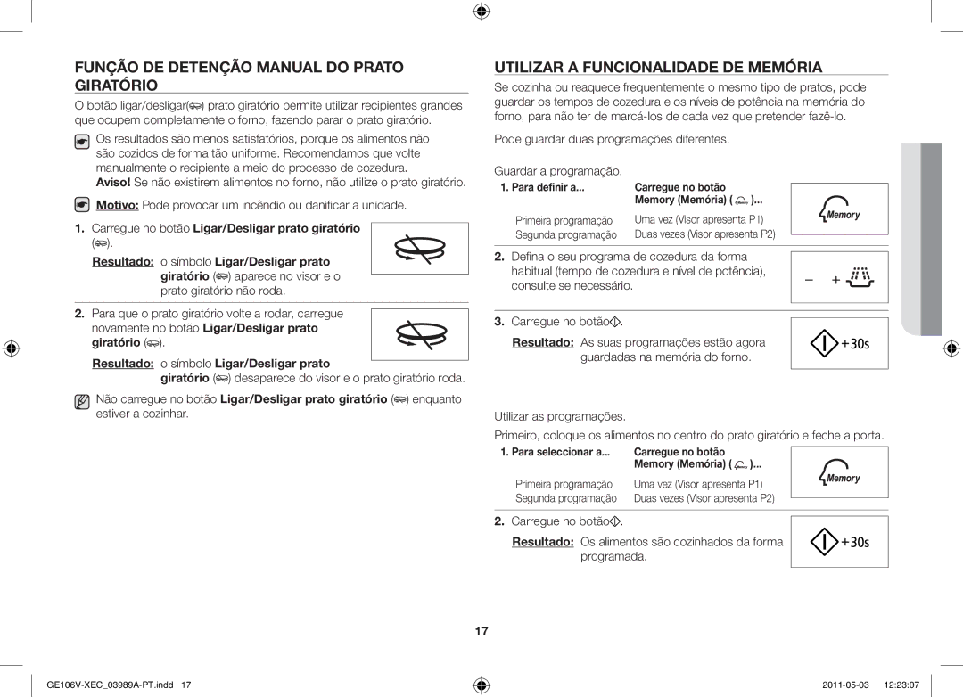 Samsung GE106V-S/XEC Função de detenção manual do prato giratório, Utilizar a funcionalidade de memória 