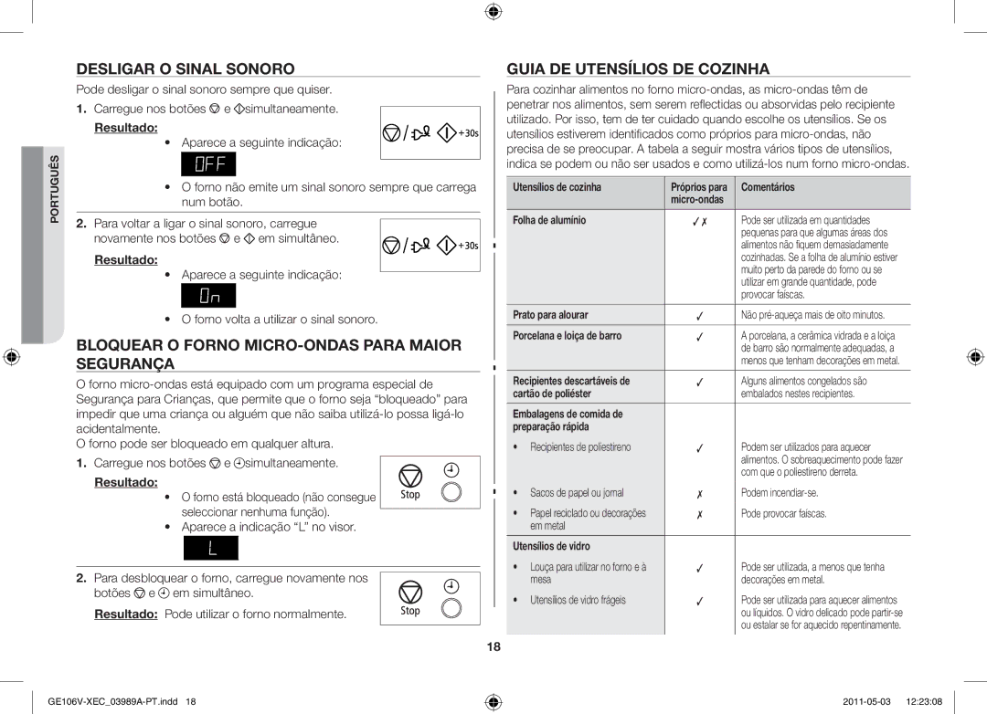 Samsung GE106V-S/XEC manual Desligar o sinal sonoro, Bloquear o forno micro-ondas para maior segurança 