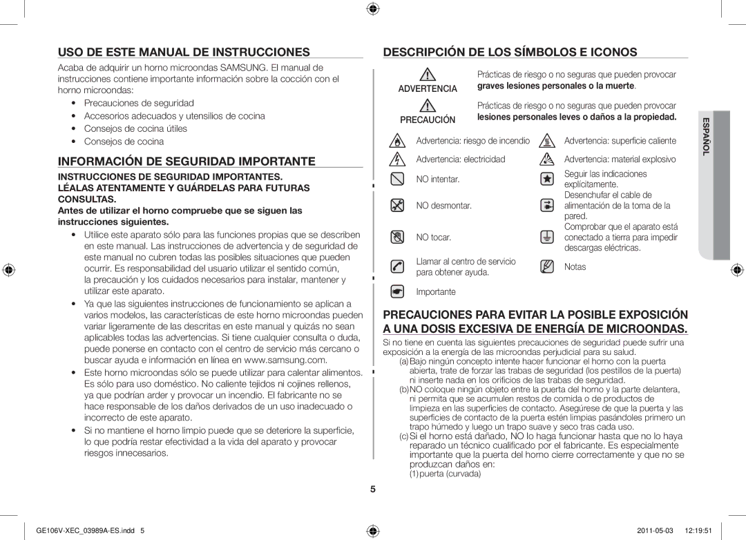 Samsung GE106V-S/XEC Uso de este manual de instrucciones, Descripción de los símbolos e iconos 