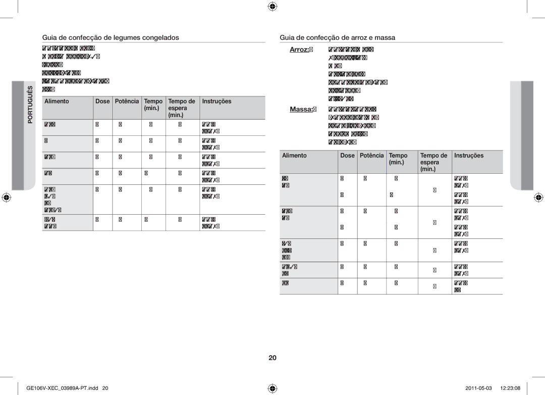 Samsung GE106V-S/XEC manual Alimento Dose, Tempo Tempo de Instruções Min Espera 