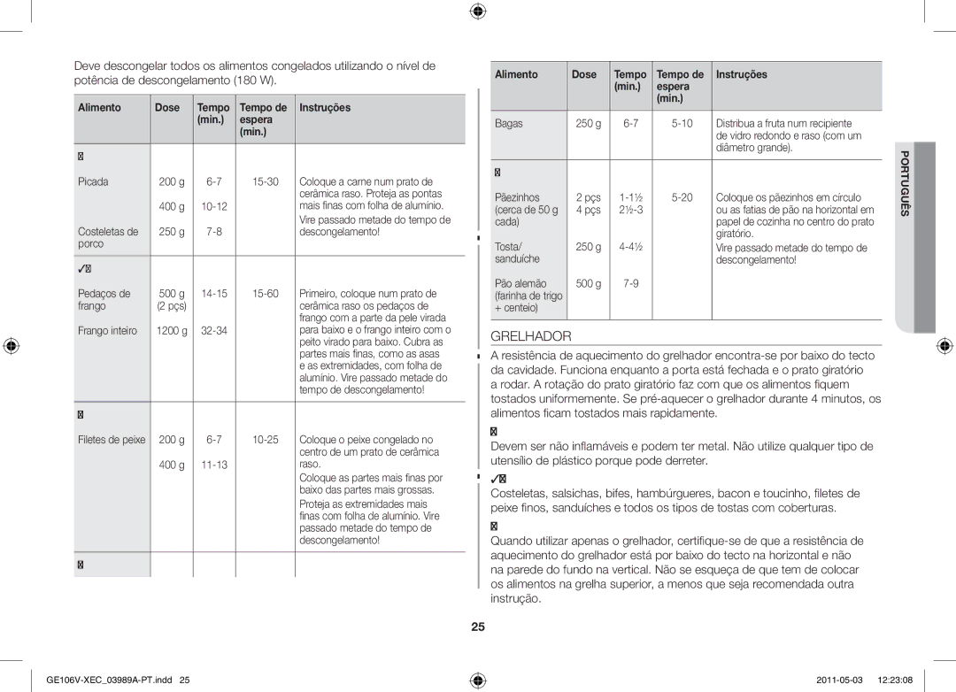 Samsung GE106V-S/XEC manual Grelhador, Alimento Dose Tempo Tempo de Instruções Min Espera 