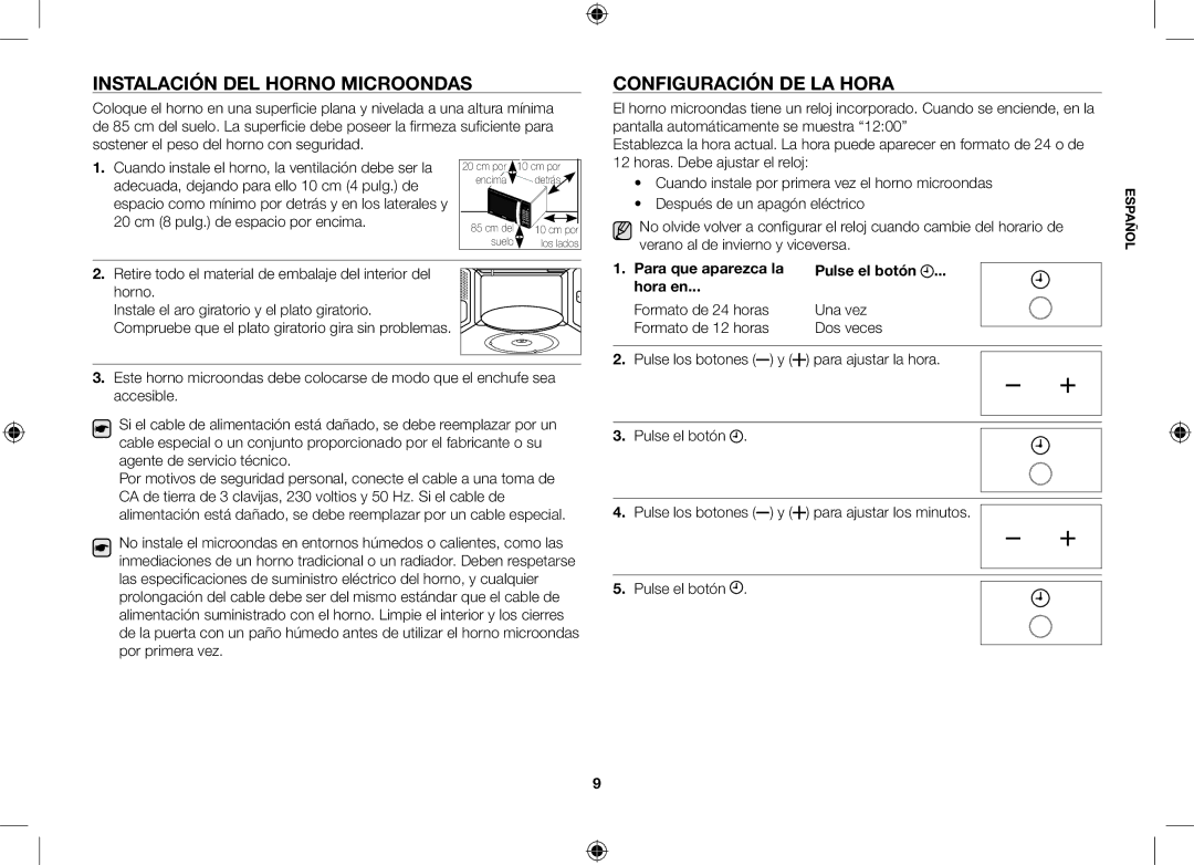 Samsung GE106V-S/XEC manual Instalación del horno microondas, Configuración de la hora 