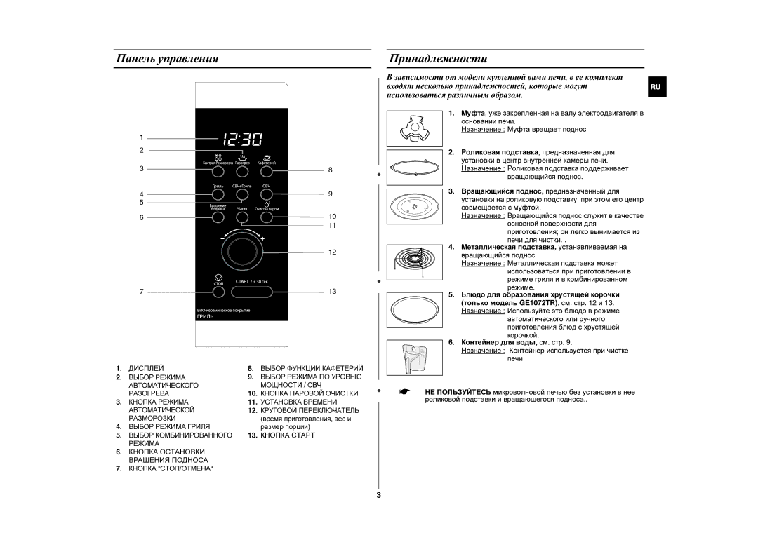 Samsung GE1072R-S/SBW manual Панель управления, Принадлежности, Дисплей, Кнопка Старт, Кнопка Остановки Вращения Подноса 