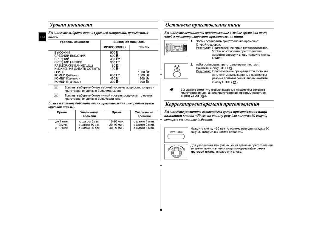 Samsung GE1072R/BWT, GE1072R/SBW manual Корректировка времени приготовления, Уровни мощности, Остановка приготовления пищи 