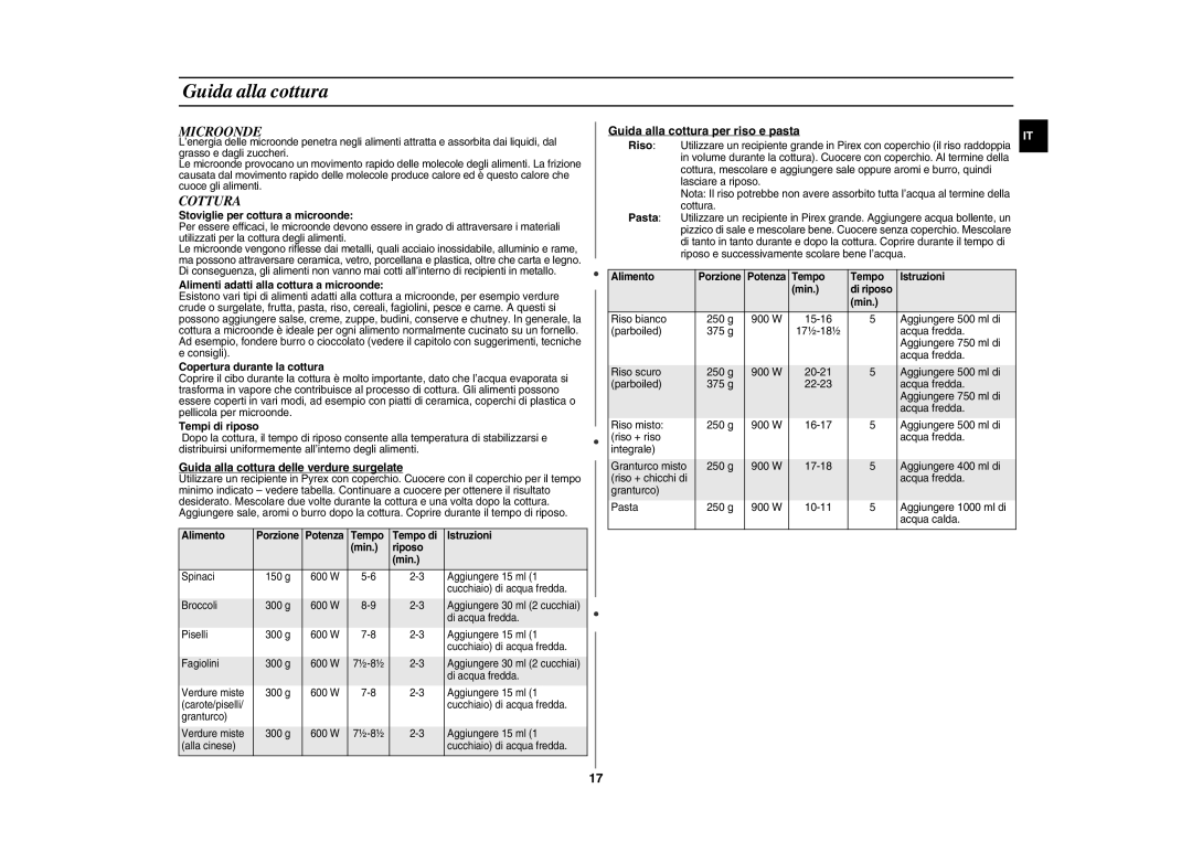 Samsung GE107L-S/XET, GE107L-BS/XET manual Microonde, Cottura, Guida alla cottura delle verdure surgelate 