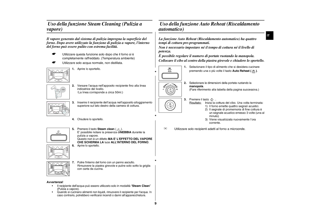 Samsung GE107L-S/XET, GE107L-BS/XET manual Uso della funzione Steam Cleaning Pulizia a vapore, Avvertenza, Manopola 