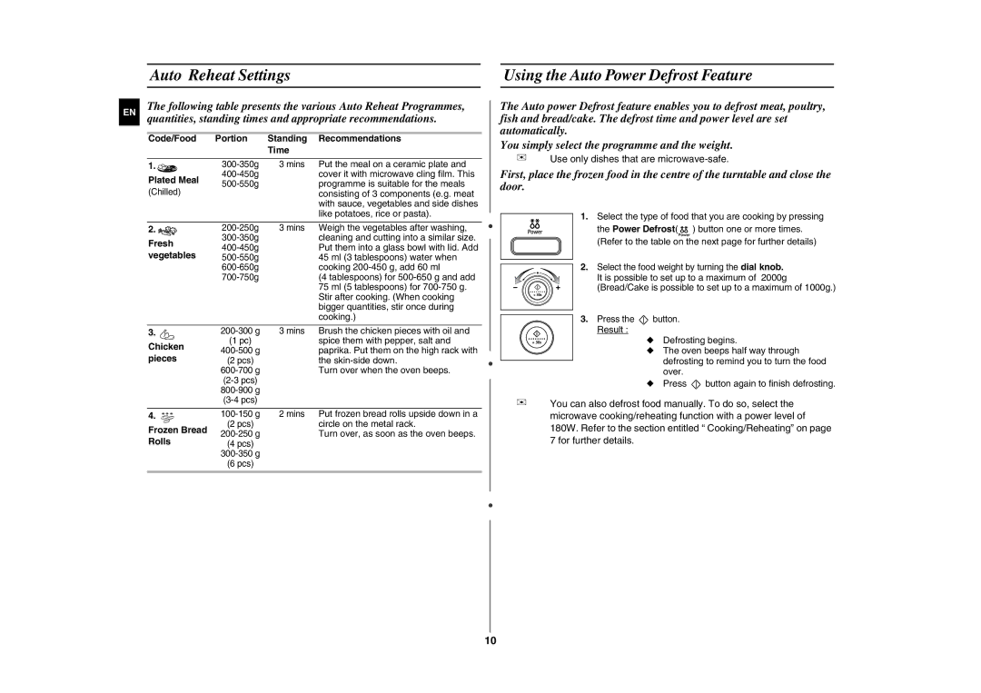 Samsung GE107L-S/BOL manual Auto Reheat Settings, Using the Auto Power Defrost Feature 