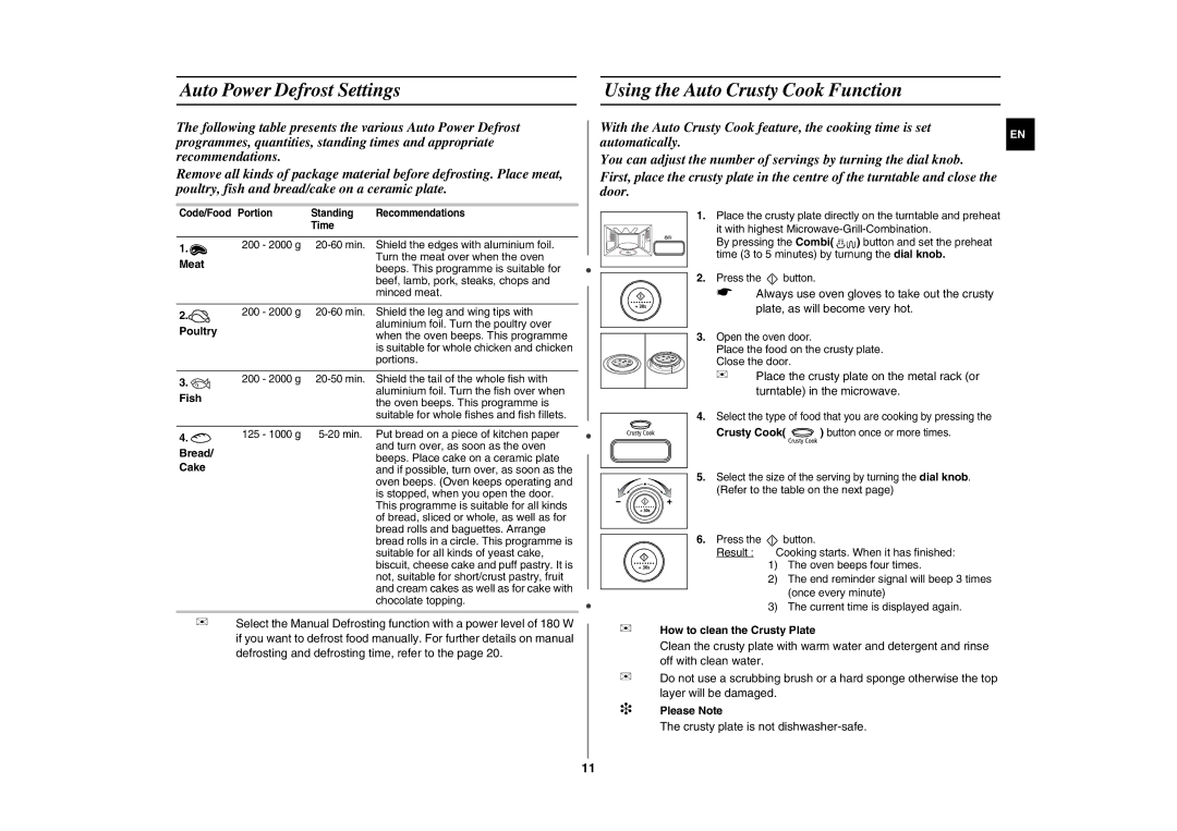 Samsung GE107L-S/BOL manual Auto Power Defrost Settings, Using the Auto Crusty Cook Function 