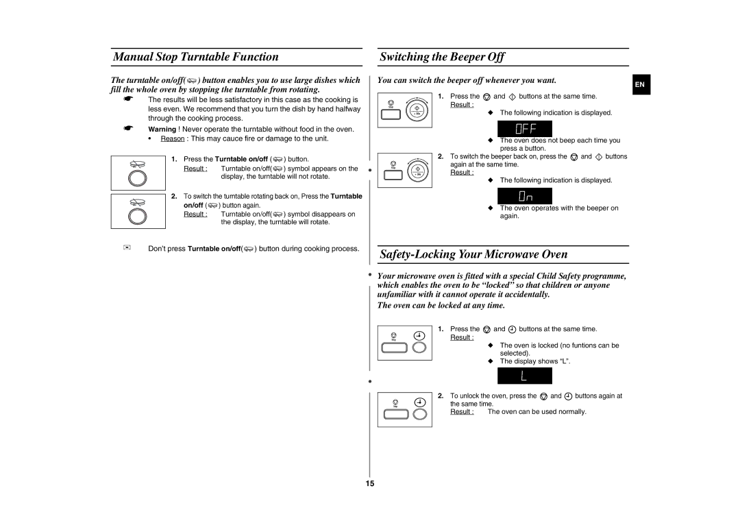 Samsung GE107L-S/BOL manual Manual Stop Turntable Function Switching the Beeper Off, Safety-Locking Your Microwave Oven 