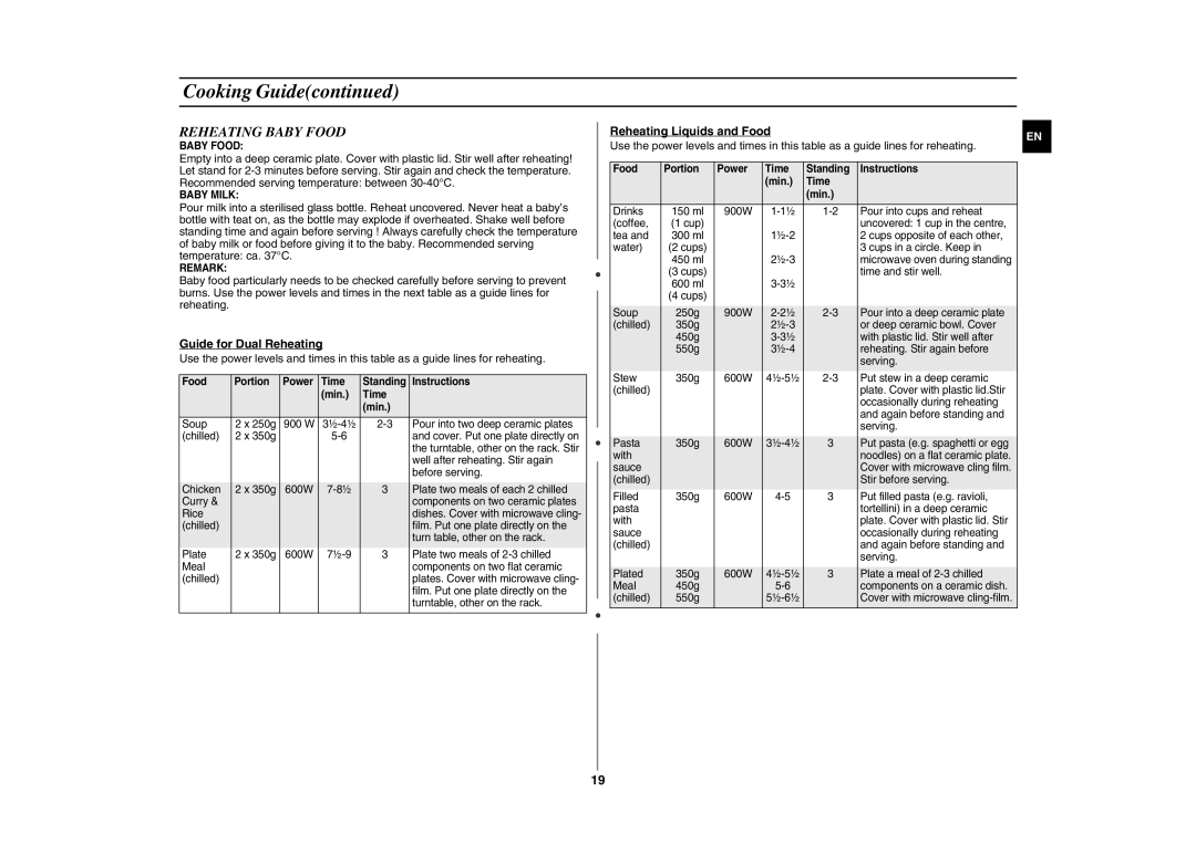 Samsung GE107L-S/BOL manual Reheating Baby Food, Guide for Dual Reheating, Reheating Liquids and Food 