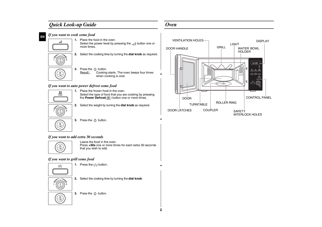 Samsung GE107L-S/BOL Quick Look-up Guide, Oven, Place the frozen food in the oven, Power Defrost button one or more times 