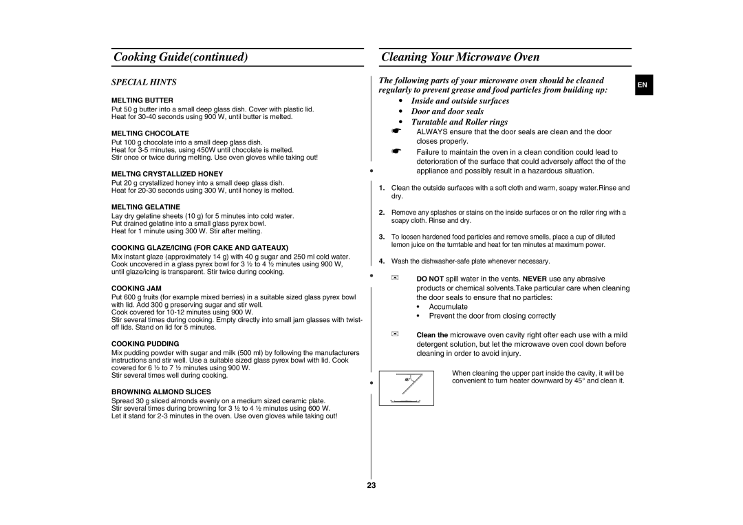 Samsung GE107L-S/BOL manual Cleaning Your Microwave Oven, Special Hints 