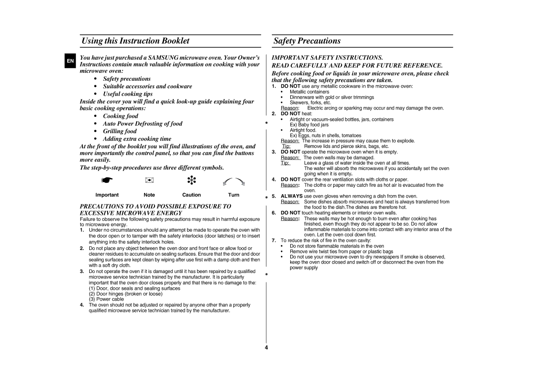 Samsung GE107L-S/BOL manual Using this Instruction Booklet, Safety Precautions, Do not heat, Tip 