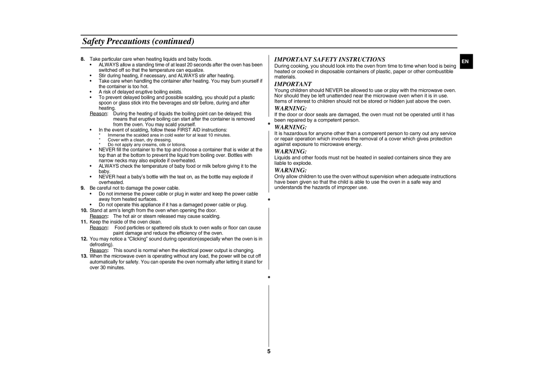 Samsung GE107L-S/BOL manual Important Safety Instructions 