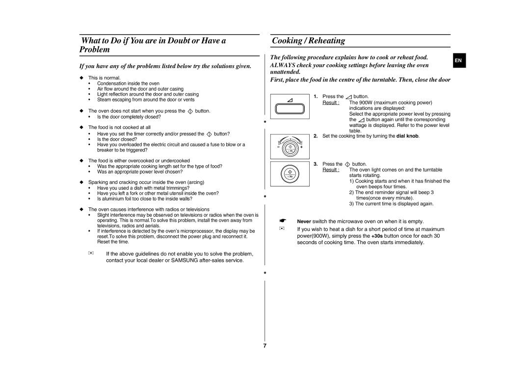 Samsung GE107L-S/BOL manual What to Do if You are in Doubt or Have a Problem, Cooking / Reheating 