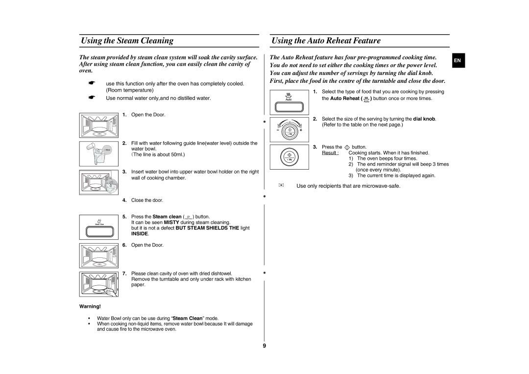 Samsung GE107L-S/BOL manual Using the Steam Cleaning Using the Auto Reheat Feature, Inside, Refer to the table on the next 