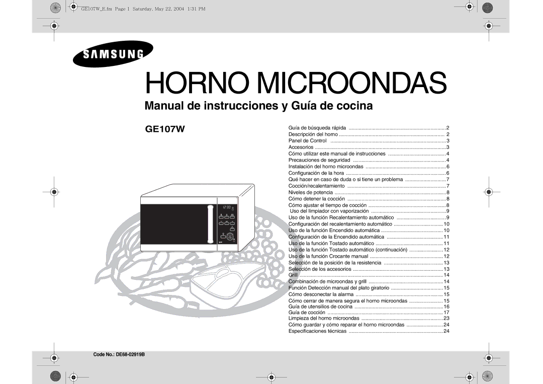 Samsung GE107W-S/XEC, GE107W/XEC manual Cómo cerrar de manera segura el horno microondas, Code No. DE68-02919B 