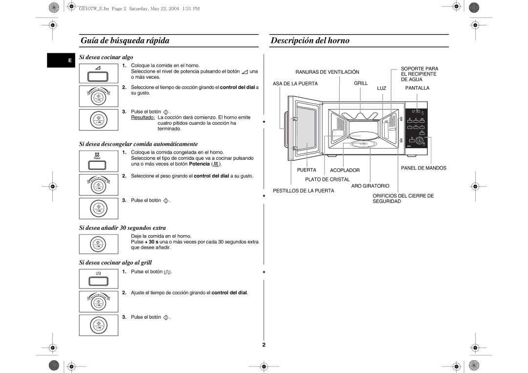 Samsung GE107W/XEC, GE107W-S/XEC manual Guía de búsqueda rápida, Descripción del horno, Su gusto Pulse el botón 