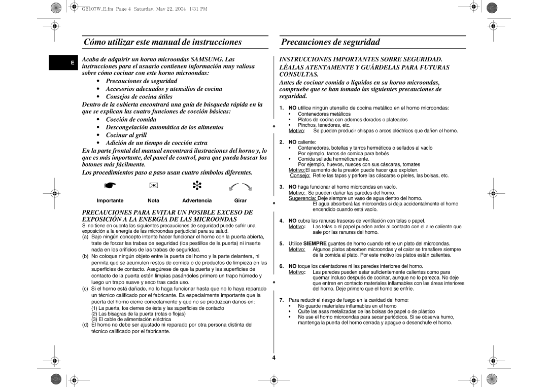 Samsung GE107W/XEC Cómo utilizar este manual de instrucciones, Precauciones de seguridad, Importante Nota Advertencia 