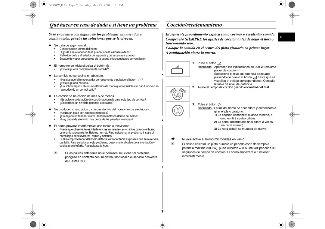 Samsung GE107W-S/XEC, GE107W/XEC manual Cocción/recalentamiento 