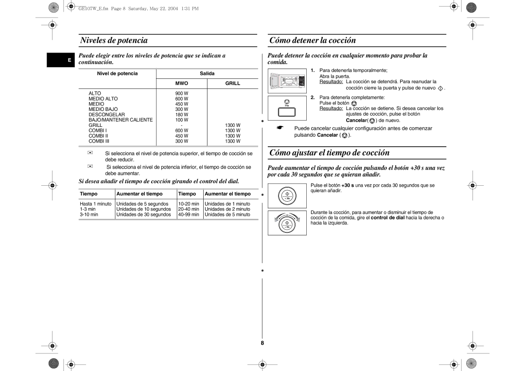 Samsung GE107W/XEC, GE107W-S/XEC manual Niveles de potencia Cómo detener la cocción, Cómo ajustar el tiempo de cocción 
