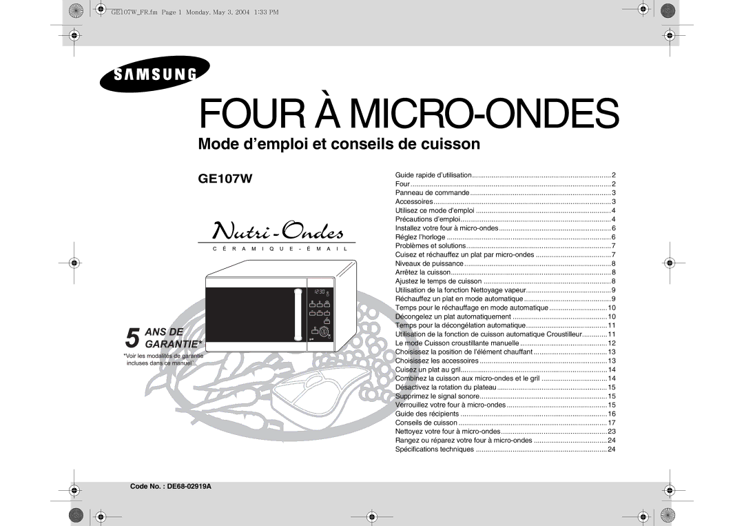 Samsung GE107W/XEF manual Code No. DE68-02919A, Choisissez les accessoires 