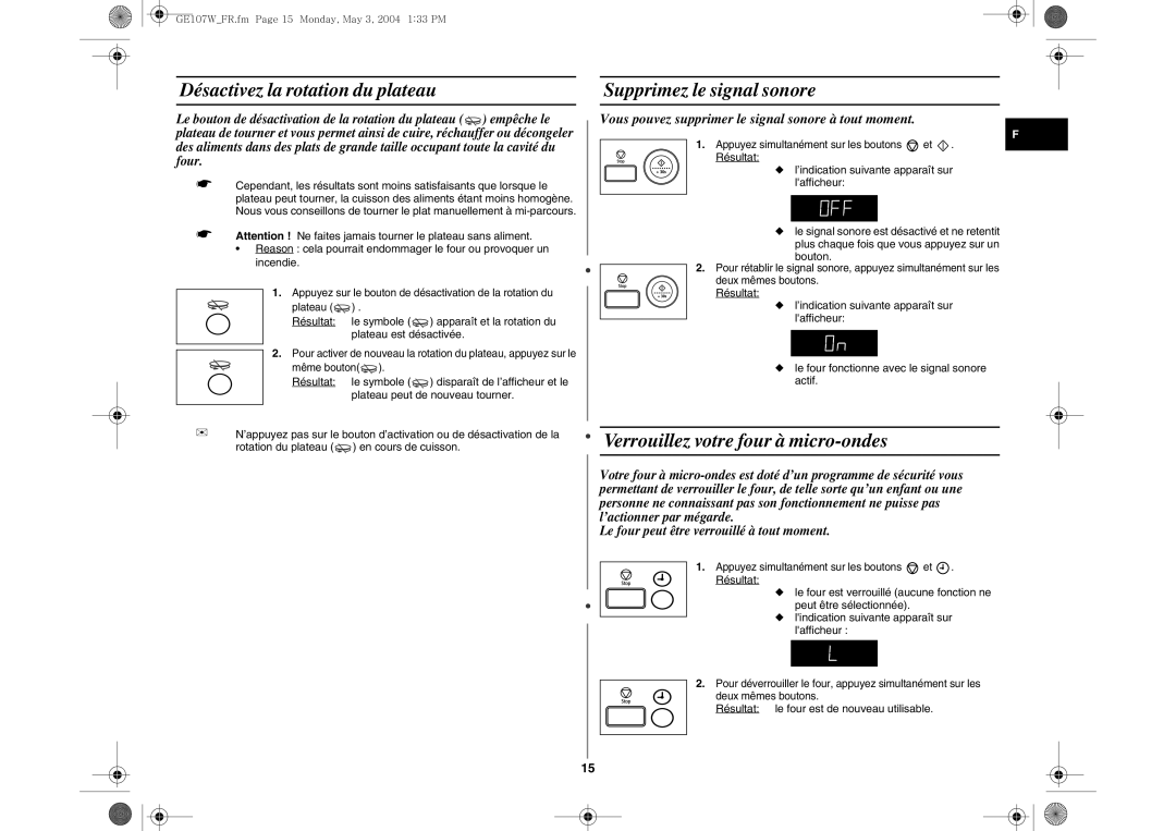 Samsung GE107W/XEF Désactivez la rotation du plateau, Supprimez le signal sonore, Verrouillez votre four à micro-ondes 