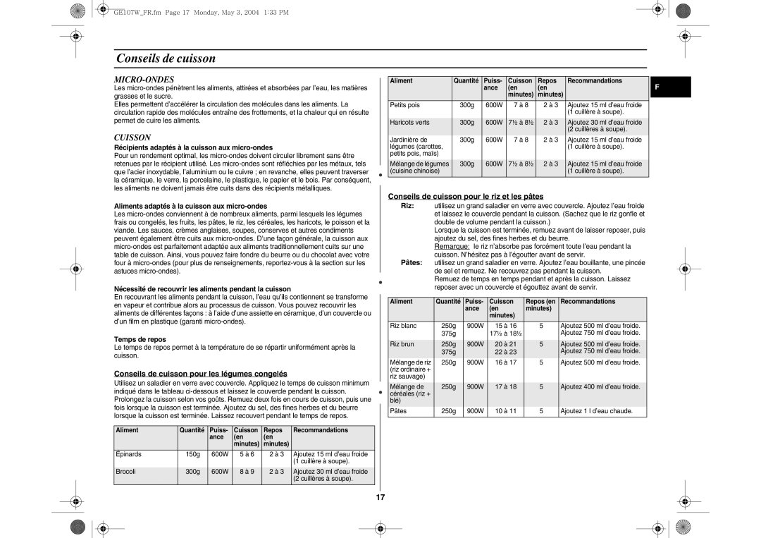 Samsung GE107W/XEF manual Micro-Ondes, Cuisson, Conseils de cuisson pour les légumes congelés 
