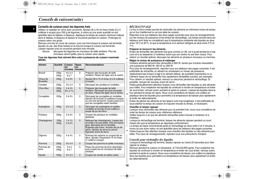 Samsung GE107W/XEF manual Conseils de cuissonsuite, Réchauffage, Conseils pour réchauffer des liquides 