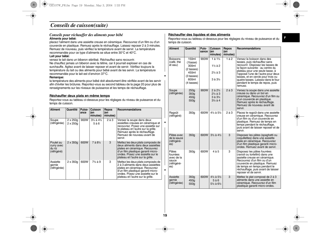 Samsung GE107W/XEF Conseils pour réchauffer des aliments pour bébé, Réchauffer deux plats en même temps, Lait pour bébé 