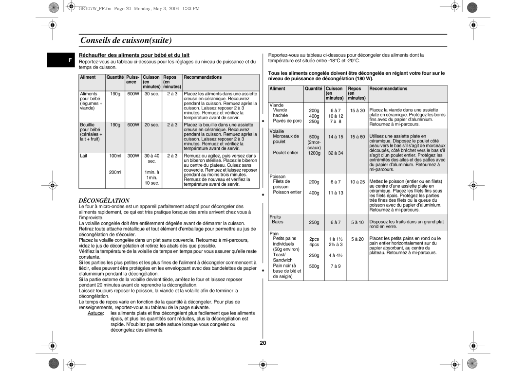 Samsung GE107W/XEF manual Décongélation, Réchauffer des aliments pour bébé et du lait 