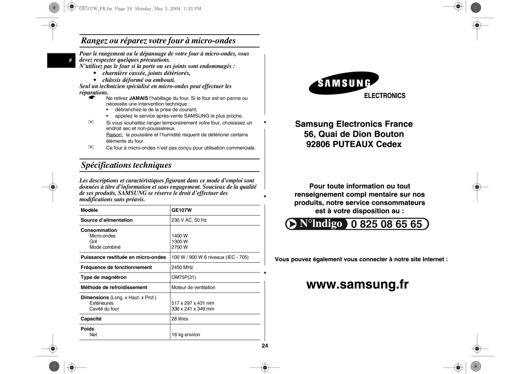 Samsung GE107W/XEF manual Rangez ou réparez votre four à micro-ondes, Spécifications techniques 