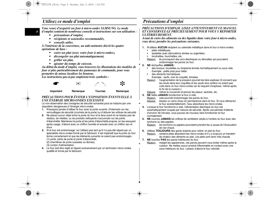 Samsung GE107W/XEF manual Utilisez ce mode d’emploi, Précautions d’emploi, Tournez, Remarque 