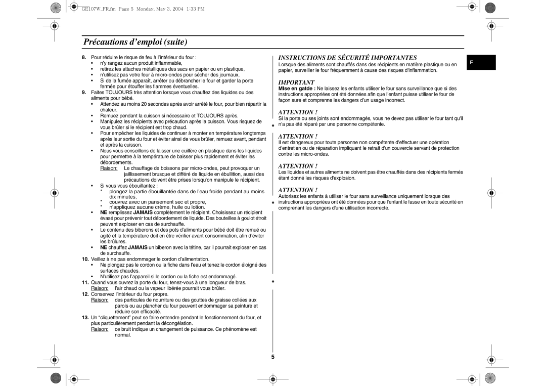 Samsung GE107W/XEF manual Précautions d’emploi suite, Instructions DE Sécurité Importantes, Si vous vous ébouillantez 