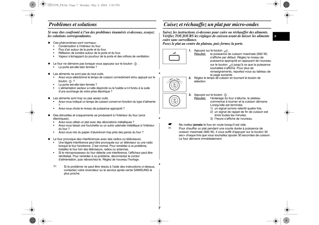 Samsung GE107W/XEF manual Problèmes et solutions, Cuisez et réchauffez un plat par micro-ondes 