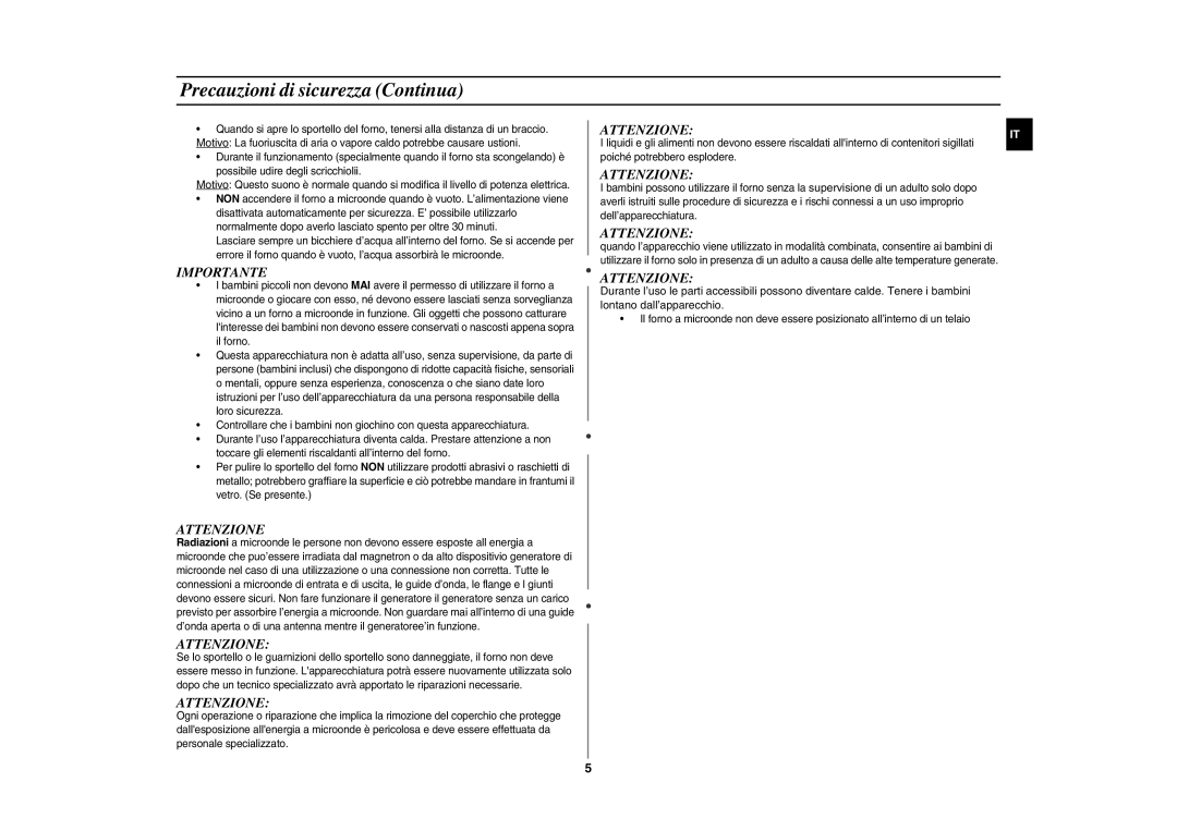 Samsung GE107Y/XET, GE107Y-S/XET manual Precauzioni di sicurezza Continua, Importante, Attenzione 