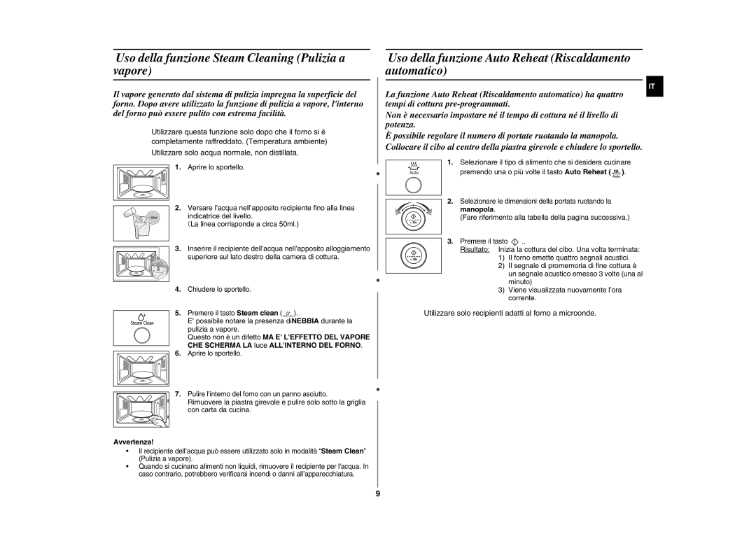 Samsung GE107Y/XET, GE107Y-S/XET manual Uso della funzione Steam Cleaning Pulizia a vapore, Avvertenza 
