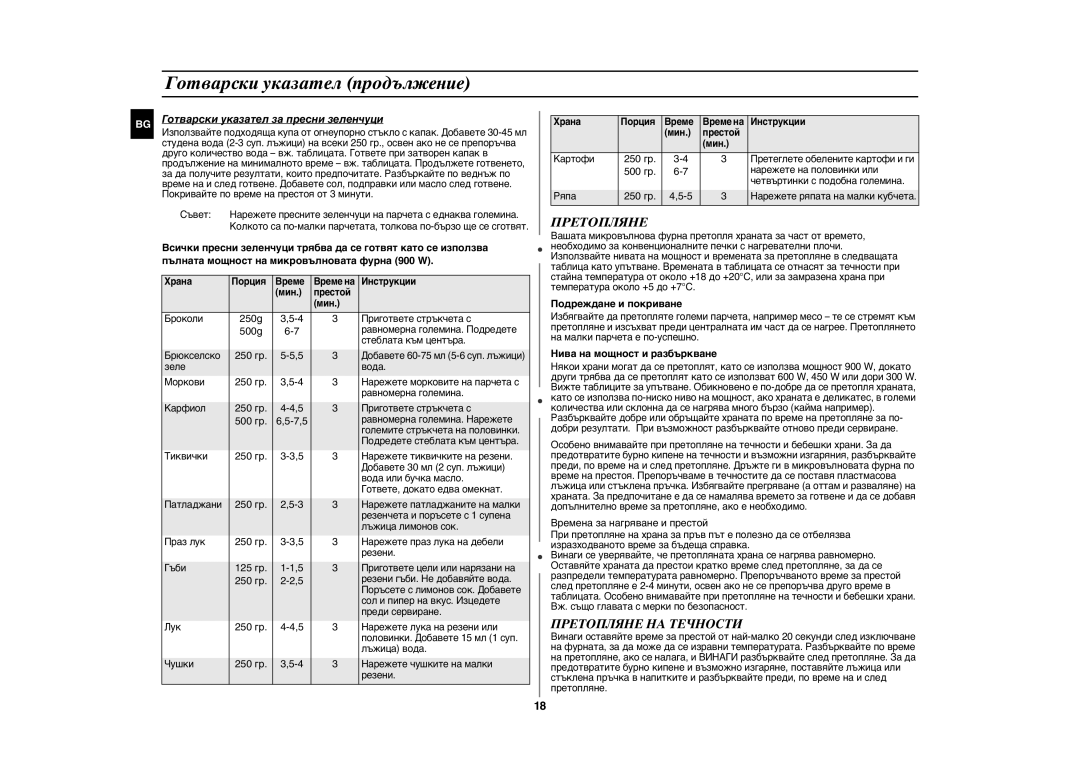 Samsung GE107Y/BOL Готварски указател продължение, Претопляне НА Течности, Готварски указател за пресни зеленчуци 