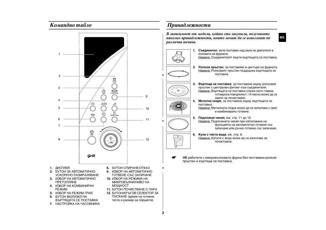 Samsung GE107Y/BOL manual Командно табло Принадлежности, Купа с чиста вода, вж. стр, Основата на фурната 