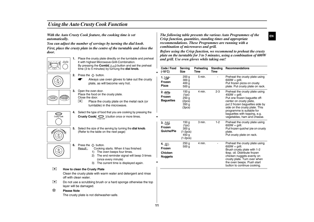 Samsung GE107Y/BOL manual Using the Auto Crusty Cook Function, Grill. Use oven gloves while taking out 