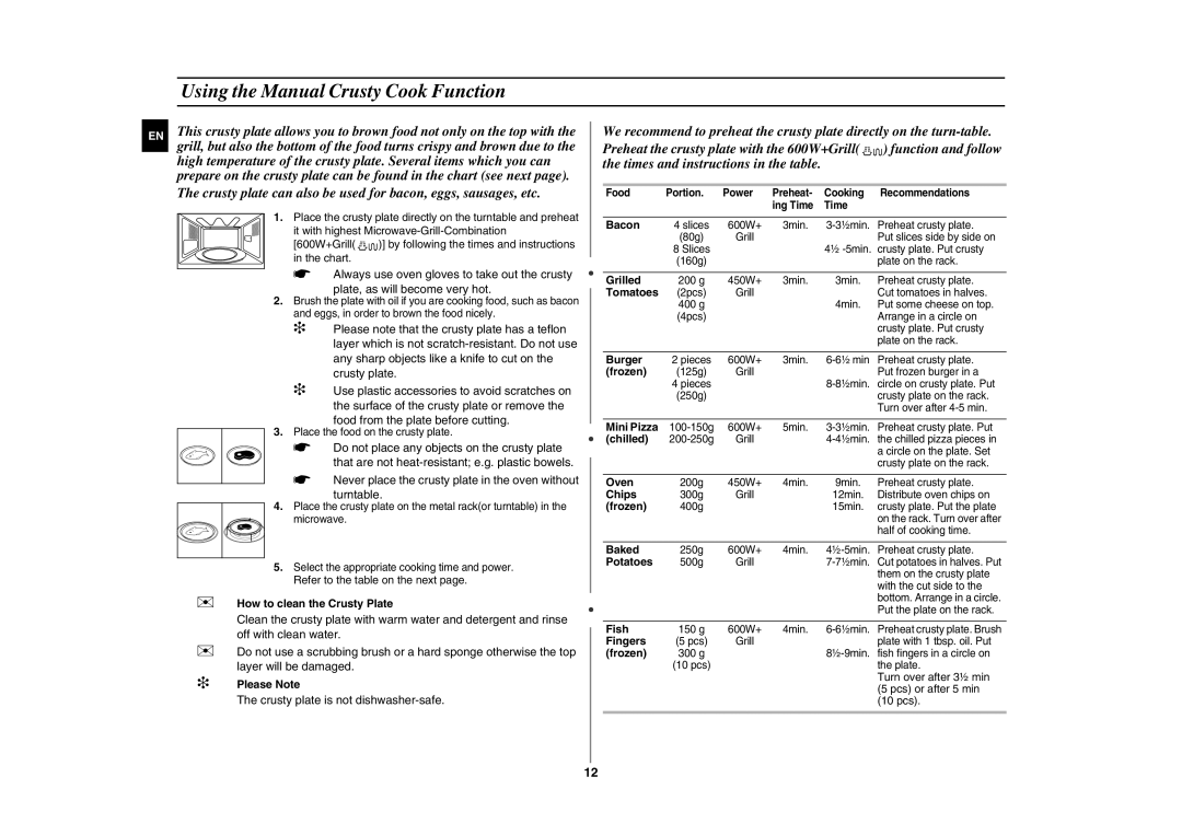 Samsung GE107Y/BOL manual Using the Manual Crusty Cook Function 