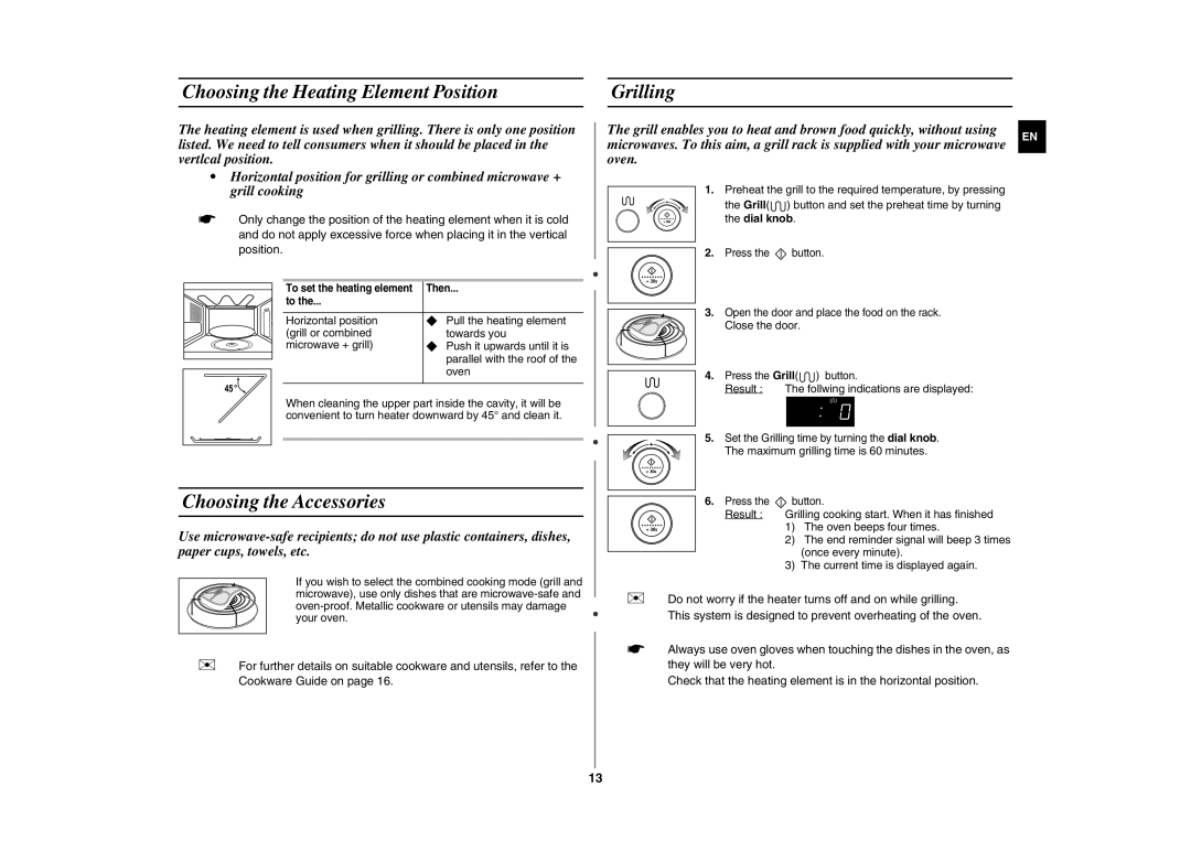 Samsung GE107Y/BOL manual Choosing the Heating Element Position, Grilling, Choosing the Accessories 