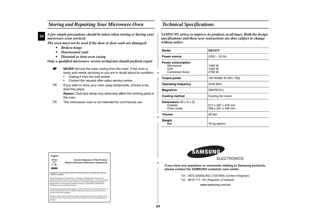 Samsung GE107Y/BOL Model GE107Y Power source, Power consumption, Output power, Operating frequency, Magnetron, Volume 