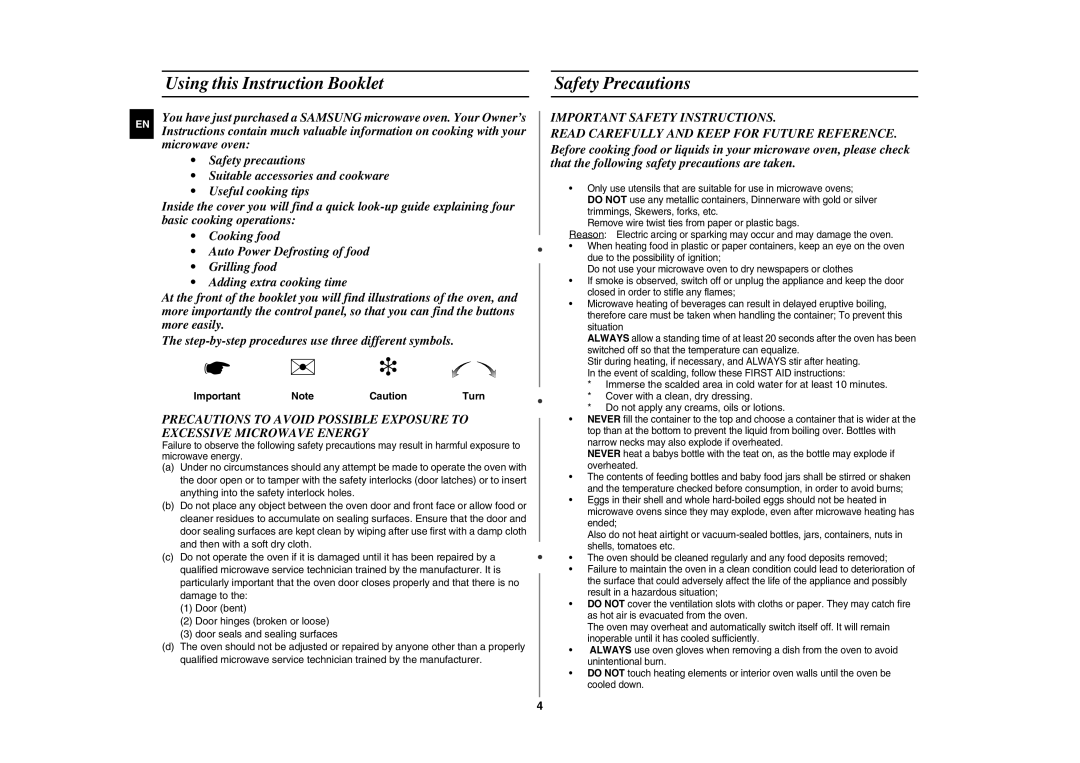 Samsung GE107Y/BOL manual Using this Instruction Booklet, Safety Precautions 