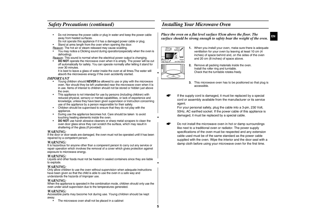 Samsung GE107Y/BOL manual Installing Your Microwave Oven, Ventilation for your oven by leaving at least 10 cm 