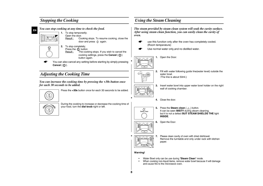 Samsung GE107Y/BOL manual Stopping the Cooking Using the Steam Cleaning, Adjusting the Cooking Time, Inside 