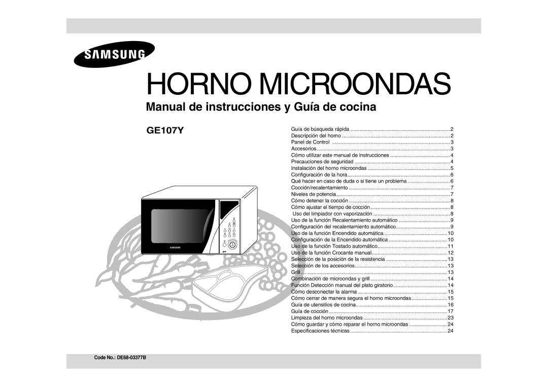 Samsung GE107Y/XEC manual Horno Microondas, Code No. DE68-03377B 