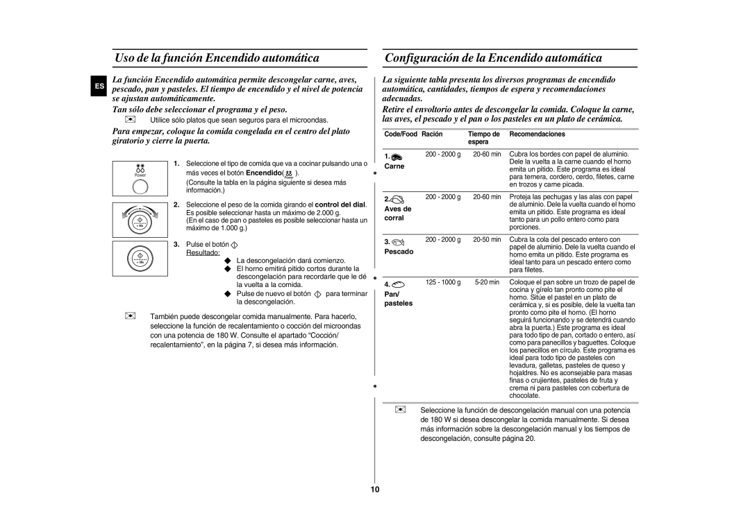 Samsung GE107Y/XEC manual Uso de la función Encendido automática, Configuración de la Encendido automática 