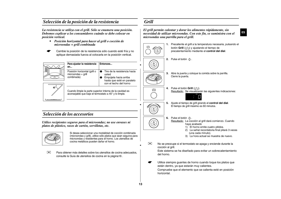 Samsung GE107Y/XEC manual Selección de la posición de la resistencia, Selección de los accesorios, Grill 