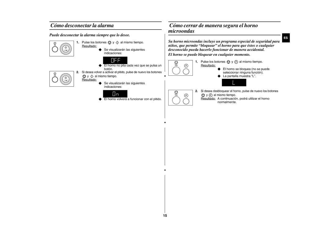 Samsung GE107Y/XEC manual Cómo desconectar la alarma, Cómo cerrar de manera segura el horno microondas, Al mismo tiempo 